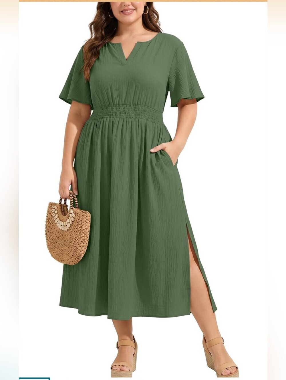 NWT Plus Size Sage Green Boho Maxi Dress 1X | Smocked Waist Pockets